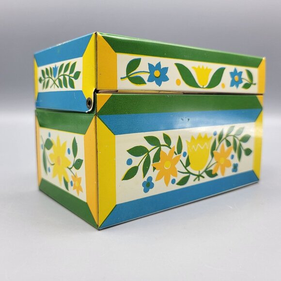 Vintage Syndicate Recipe Card Tin Recipe Box W/ Grandmas Recipes Floral Folk Art - Picture 9 of 16